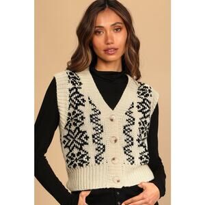 Lulu’s cream black mountain crest button up sweater knit vest size XS v neck